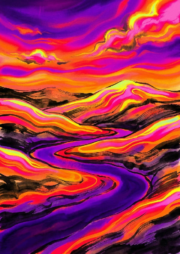 Tuschmålad landskapsbild med rullande kullar och slingrande flod, stiliserad som termisk karta. Färgerna är neonorange, chockrosa, elektrisk gul och djupt ultraviolett.