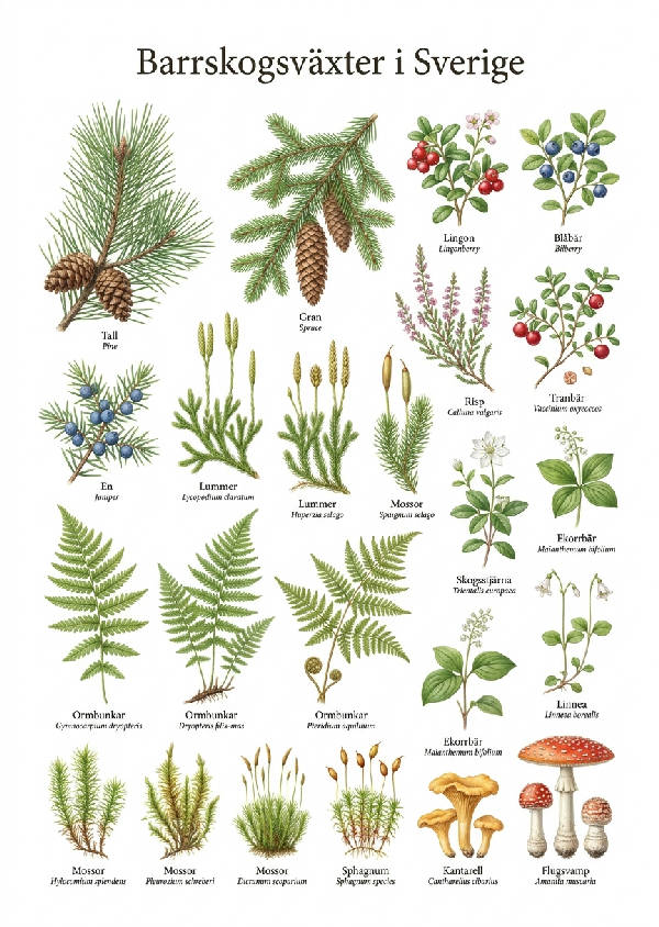 Detaljerad botanisk illustration av över 20 svenska barrskogsväxter som tall, gran, lingon, blåbär, en, lummer, ormbunkar och mossor, prydligt namngivna på svenska, mot en ren vit bakgrund