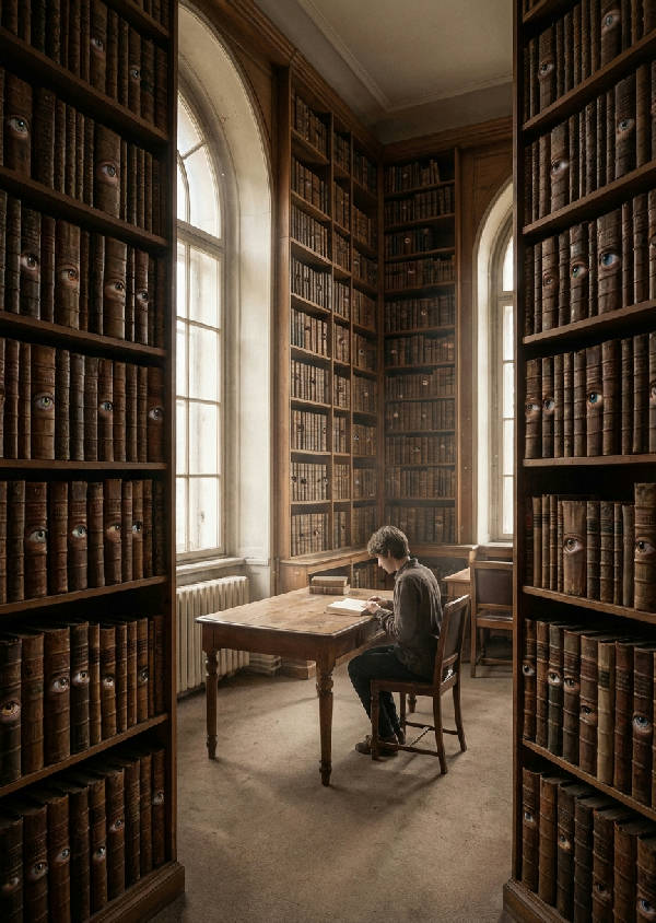 Hyperrealistisk bild av ett tyst bibliotek med böcker som har mänskliga ögon på ryggarna, tittande på en ensam läsare i mitten av rummet. Bruna och mörka toner.