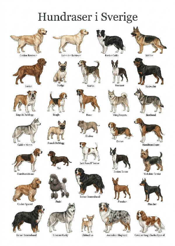 Zoologisk illustration av över 25 svenska och internationella hundraser på vit bakgrund, inklusive Golden Retriever, Labrador, och Pudel, med namnskyltar.