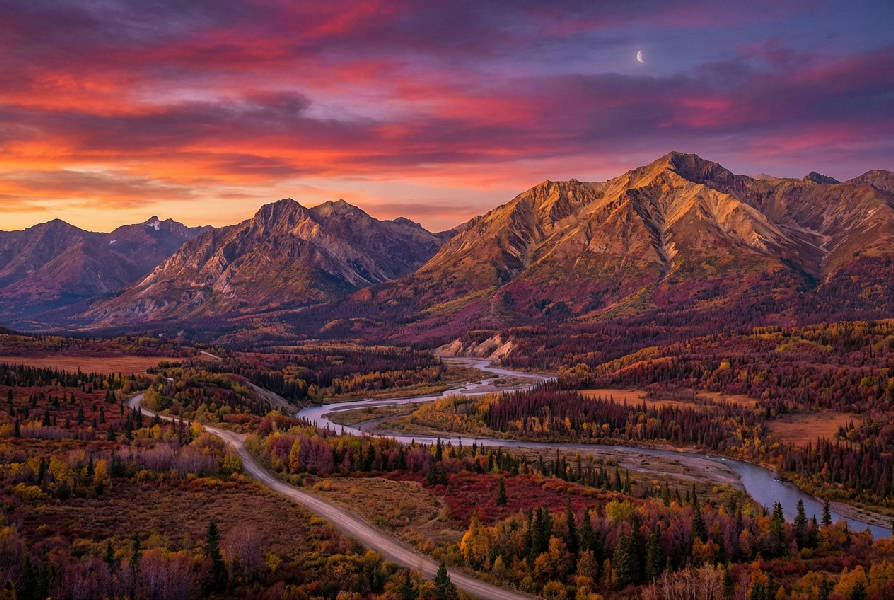 Fotorealistisk bild av ett frodigt amerikanskt landskap med berg, träd och en flod som slingrar sig genom dalen under en klar himmel.