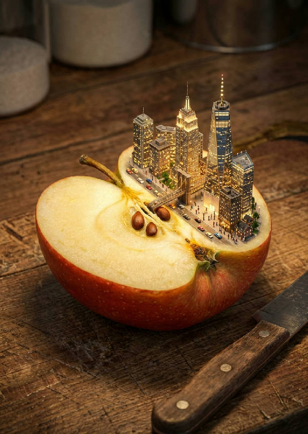 Närbild av ett perfekt normalt äpple på en köksbänk, uppskuret för att avslöja en hel miniatyrstad inuti, med glödande byggnader, rörliga bilar och små människor som lever sina liv.