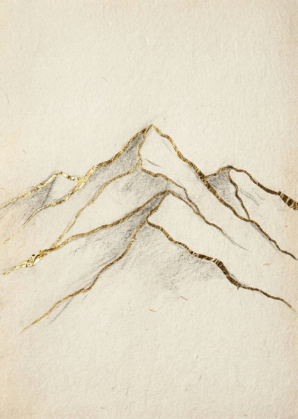 Hyperrealistiskt minimalistiskt handritat bergslandskap med guldfärgade linjer på varmt, texturerat papper.