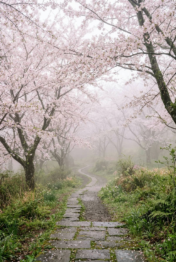 Närbild av delikata rosa körsbärsblommor längs en dimmig stig i Japandi-stil med mjukt bläck och minimalistiskt utrymme.