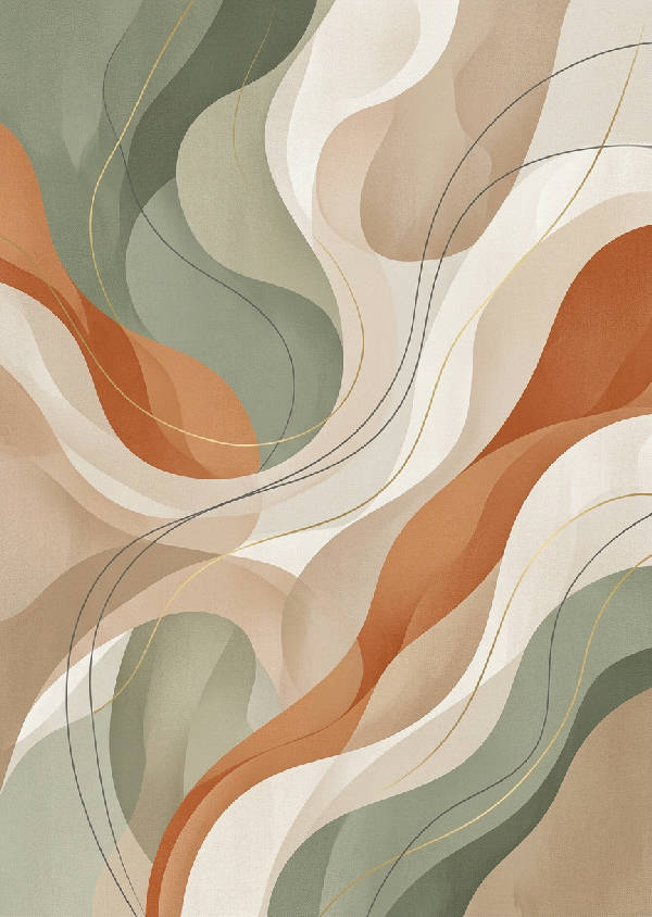 Minimalistisk abstrakt konst med överlappande organiska former i salviagrön, terracotta orange och mjuk beige
