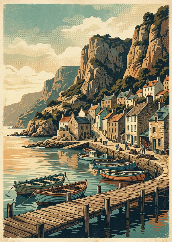 Vintage illustration av en lugn kuststad med gamla hus, båtar i hamnen och en pittoresk fyr.