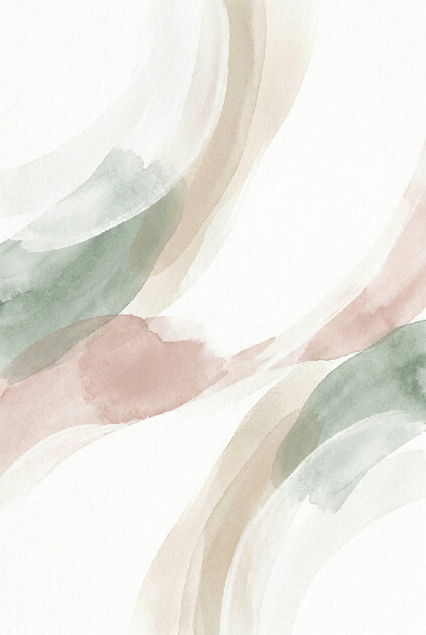 Minimalistisk abstrakt akvarellmålning med mjuka svepande penseldrag i salviagrön, dammig rosa och varm beige. Mycket vit negativ yta. Stående format.