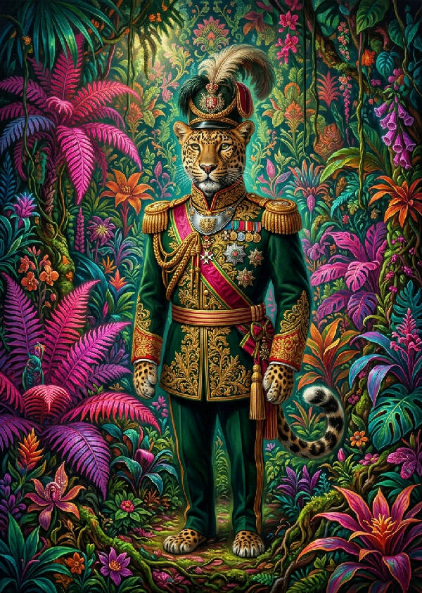 Porträtt av en leopard iklädd en utsmyckad viktoriansk uniform, med lysande neonfärgade växter i bakgrunden som avger ett grönt sken.