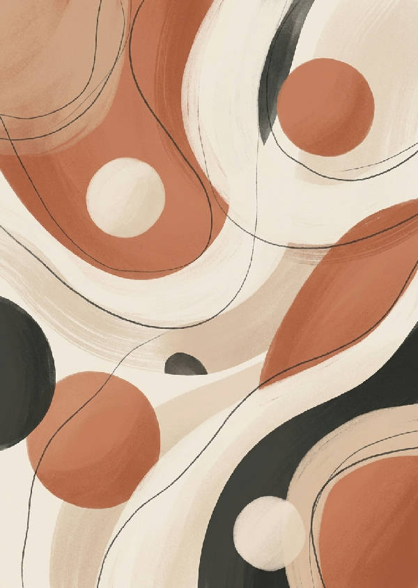 Modern abstrakt illustration med organiska former i varma toner som terracotta, beige och kol, med fina linjer och mjuka texturer i Skandinavisk stil.
