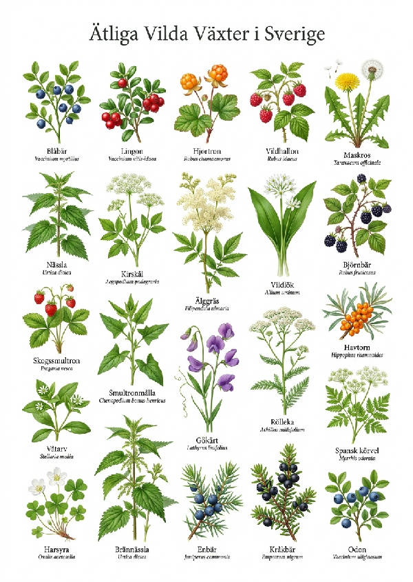 Detaljerad botanisk illustration av över 20 ätliga vilda växter och bär från Sverige, med svenska namn.