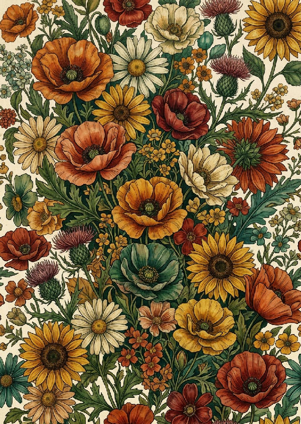 Stående konsttryck med färgglada retro blommor i en vintage botanisk illustrativ stil.