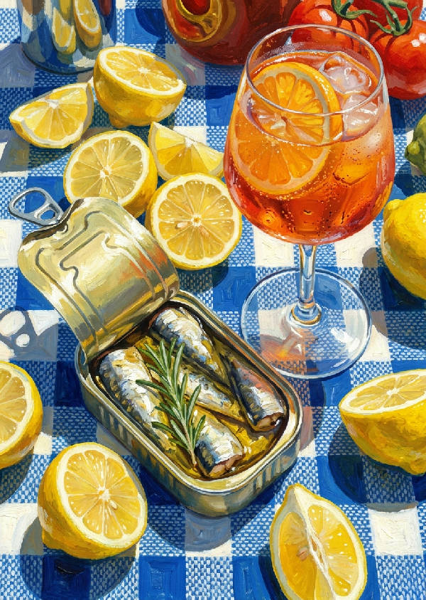 Levande gouachemålning av medelhavssommarstilleben med sardiner, citroner och spritz-cocktail på blåvit duk.