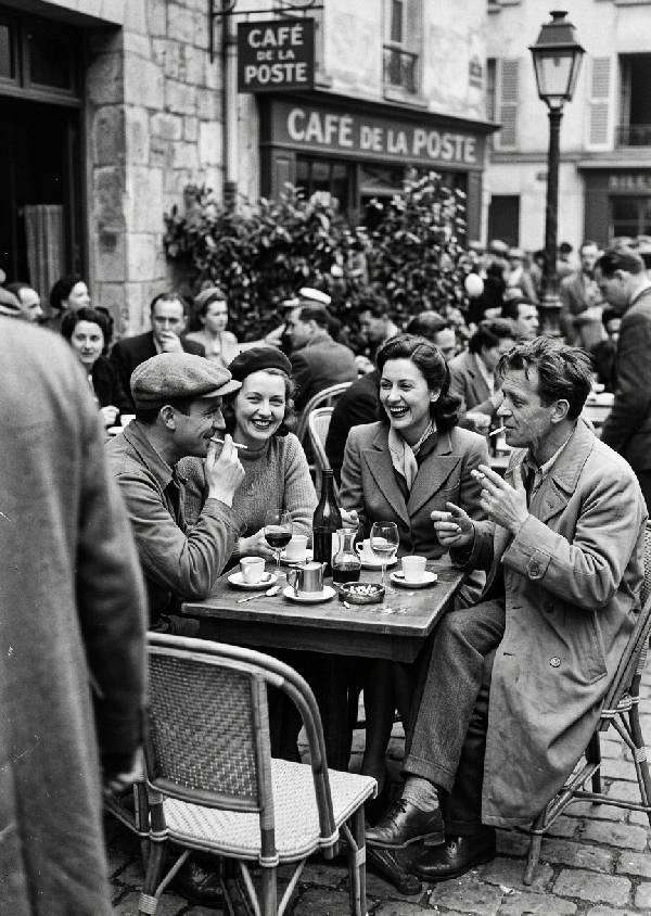 Svartvitt foto av ett livligt franskt utomhuskafé på 1940-talet med människor som pratar och dricker kaffe och vin