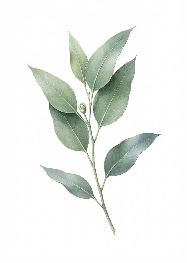 Detaljerad botanisk illustration av en eukalyptusgren med blad och liten blomknopp i mjukt grågrönt på vit bakgrund