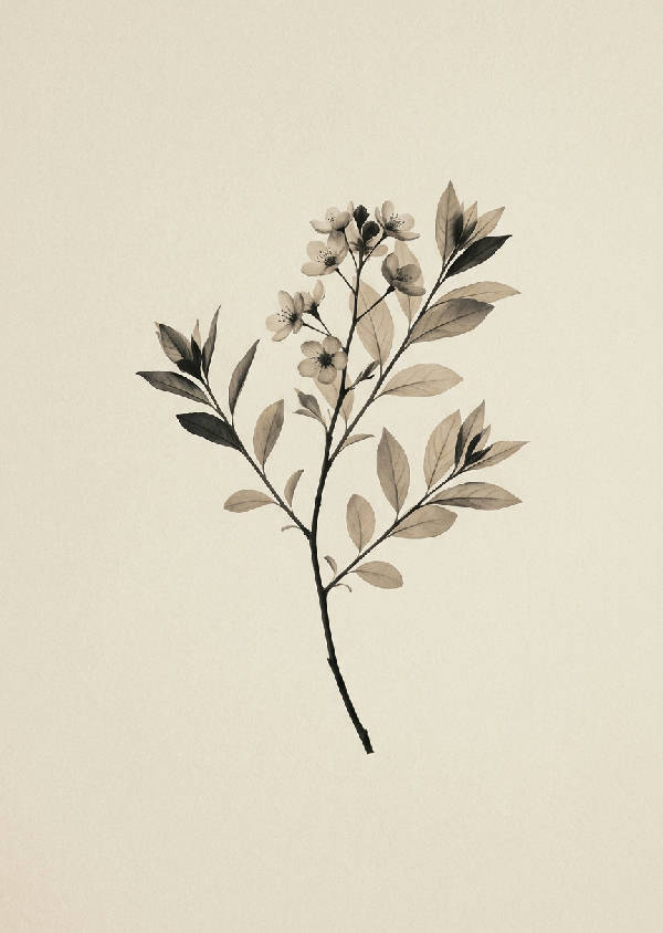 Enkel gren med svenska sommarblommor och blad i mjuka svarta och varma beigetoner på texturerat papper, minimalistisk komposition.