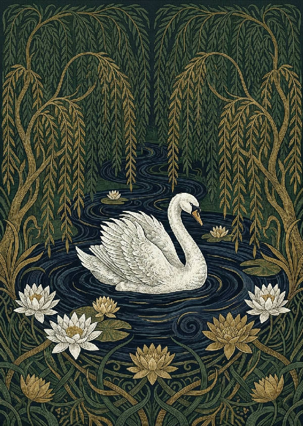 Detaljerad digital illustration som efterliknar en vintage fransk vävd tapet. En majestätisk vit svan flyter på en mörk damm, omgiven av stiliserade, symmetriska pilgrenar och blommande näckrosor.