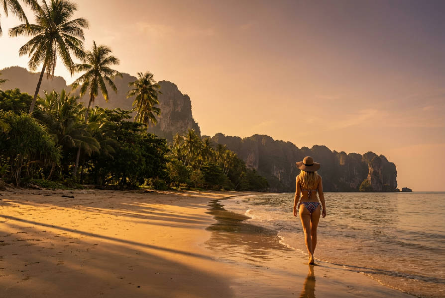 Fotorealistisk bild av en blond kvinna i bikini som går bort längs en thailändsk strand med träd och lövverk