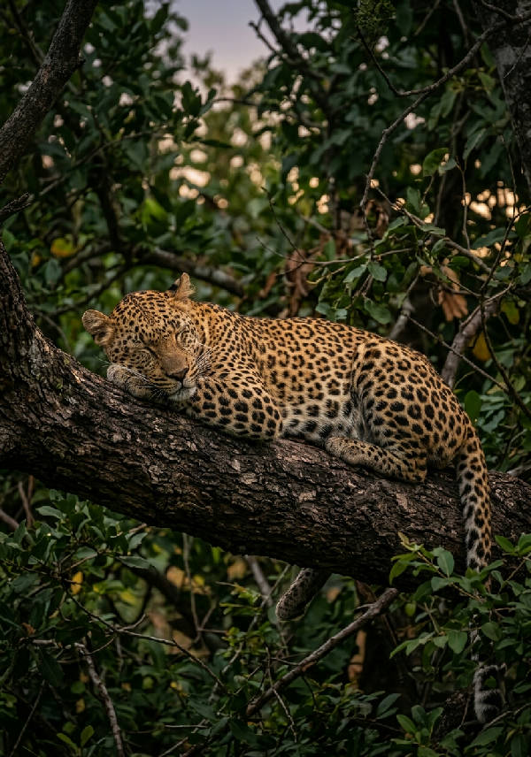 Närbild på en sovande leopard med fläckig päls i olika nyanser av brunt, detaljerade morrhår och stängda ögonlock.