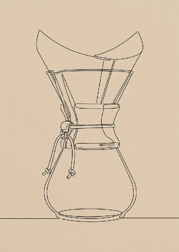 Minimalistisk kaffekanna avbildad med svarta, tunna linjer på en ljus bakgrund i stående format.