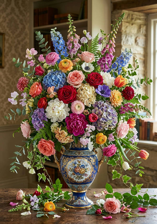 Riklig blomsteruppsättning med rosa blommor som svämmar över från en elegant vas i en detaljrik målning.