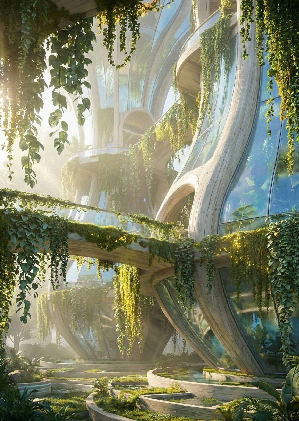 Detaljerad 3D-rendering av en futuristisk solarpunkbyggnad med frodiga gröna rankor och glödande mossa.