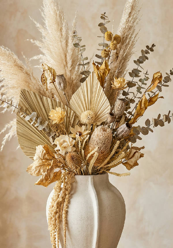Närbild på en elegant vas med torkade blommor i mjuka krämiga och vita toner, porträttorientering