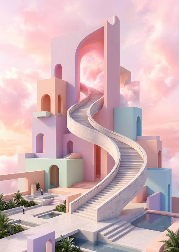 En surrealistisk, oändlig trappa som leder upp mot en ljusrosa och lila himmel med mjuka moln.