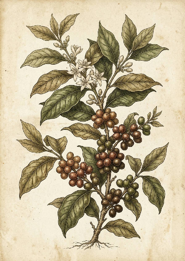 Detaljerad vintageillustration av en grön kaffeplanta med blad, blommor och mörkröda kaffebär