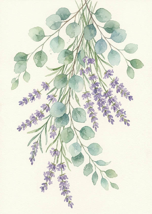 Detaljerad akvarellmålning i porträttformat med gröna eukalyptusblad och lila lavendelblommor. Mjuka penseldrag i grönt, lila och vitt.