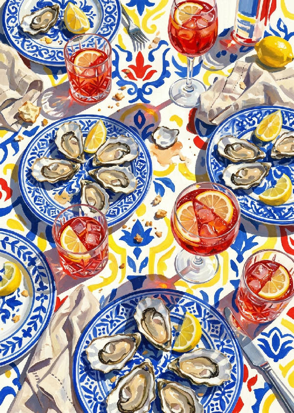Maximalistisk gouachemålning av ostron och citronskivor på en livlig duk, sedd uppifrån. Koboltblått, citrongult, Campari-rött och vitt dominerar konstverket.