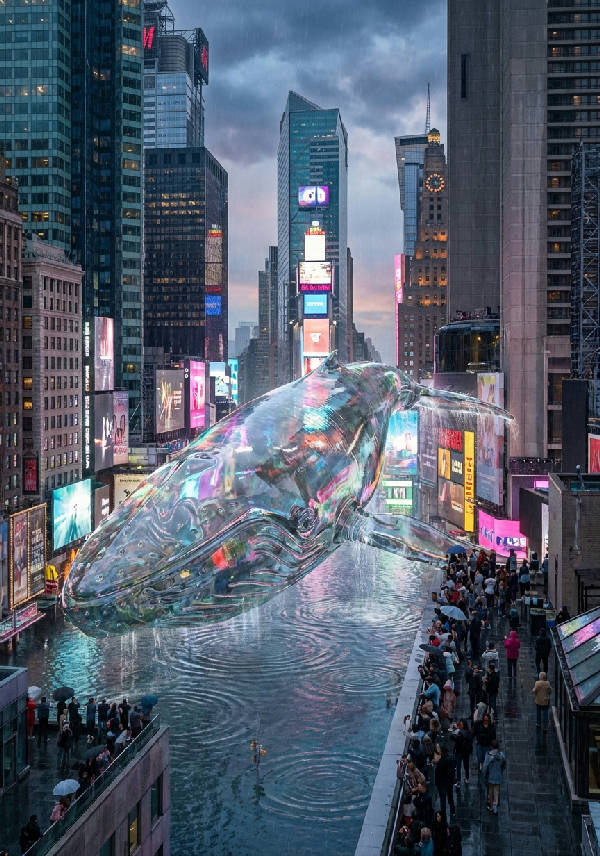 Hyperrealistisk bild av en enorm genomskinlig glasval som simmar genom en översvämmad gata i Manhattan i skymningen, med neonljus som reflekteras i vattnet och människor som betraktar den från hustak.