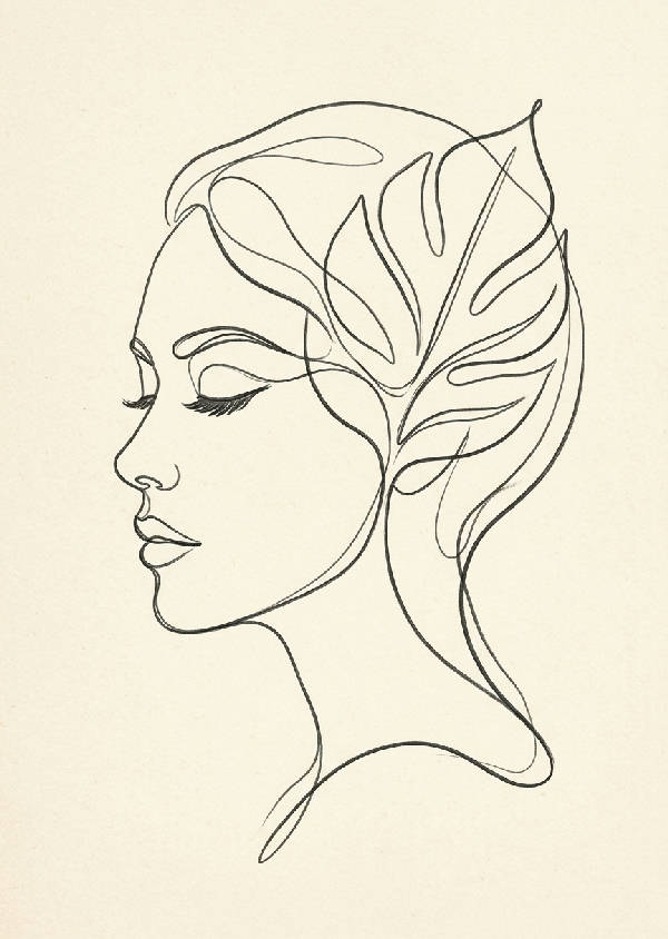 Minimalistisk line art-teckning i svartvitt av ett kvinnoansikte i profil med ett blad