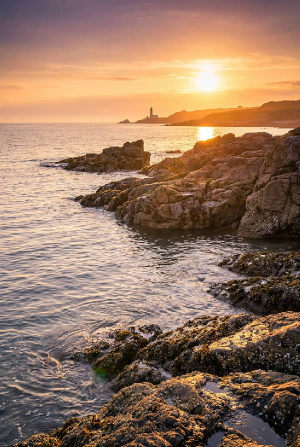 Fotorealistisk bild av en svensk klippig kustlinje under sommaren med lugnt, klart vatten och en blå himmel med få moln.