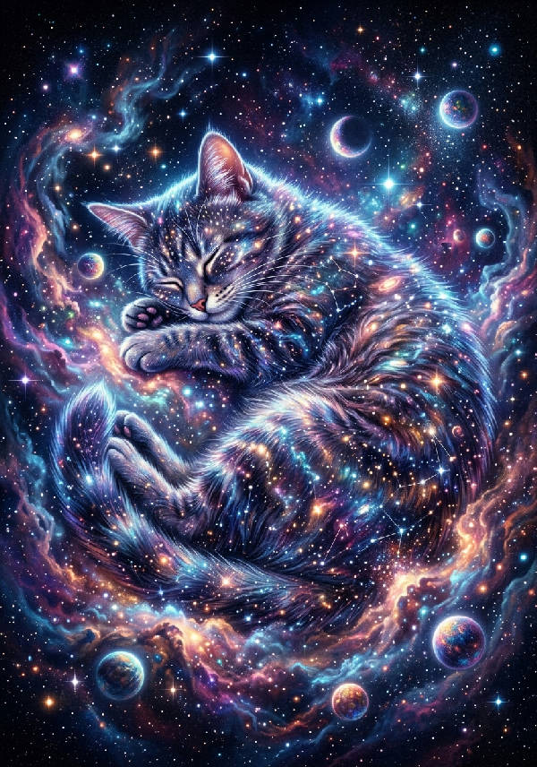 Närbild på en eterisk galaxkatt som ligger bland virvlande stjärnor och färgglada nebulosor, med päls som glittrar som konstellationer och ögon som reflekterar avlägsna planeter.