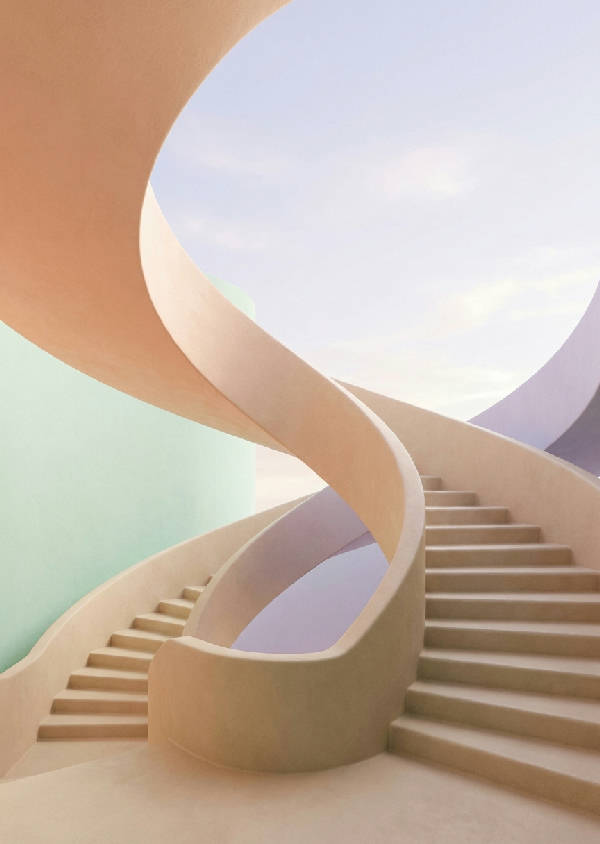 Surrealistisk 3D-render av mjuka, svängda trappor mot klar himmel. Pastellfärger: persika, mintgrön, lavendel, sand.
