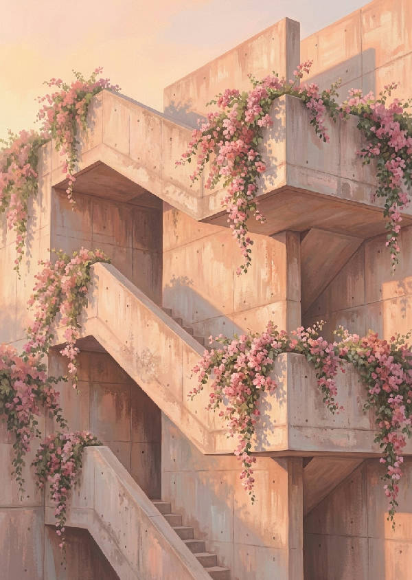 Gouache-målning av brutalistisk betongtrappa i gyllene timmens ljus. Rosa bougainvillea draperar över geometriska kanter. Mjuk pastellpalett.