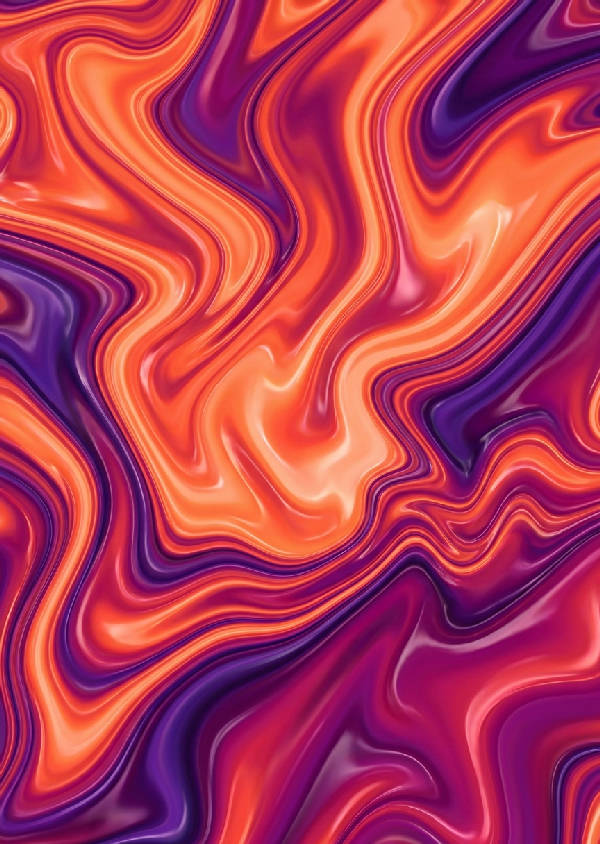 Abstrakt flytande konst med vågiga, smältande gradienter i magenta, orange, violett och korall. Sommarhetta.