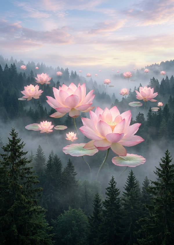 Jättelika rosa och vita lotusblommor som svävar över en mörkgrön och dimmig tallskog i ett drömskt landskap.