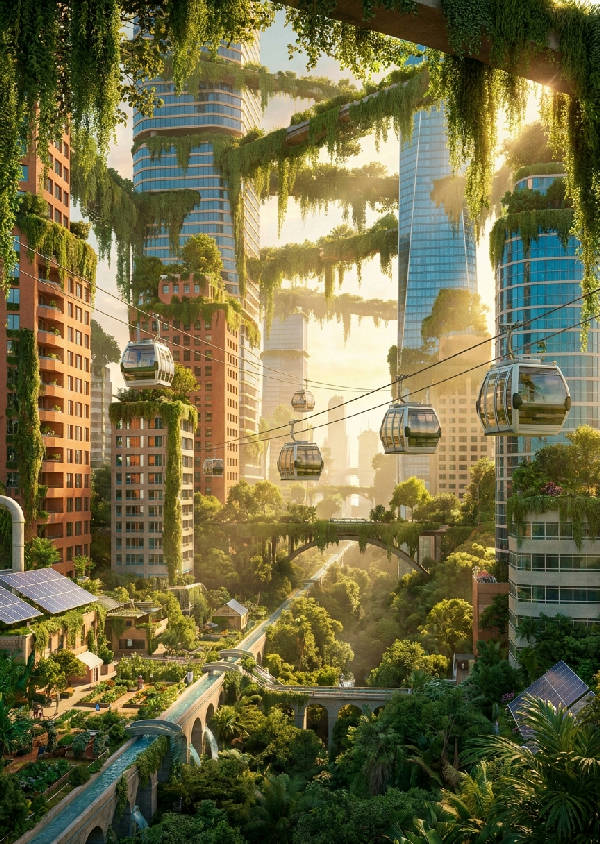 Digital kollage av en solarpunk utopi med grönskande arkitektur, flygande spårvagnar och gyllene solljus