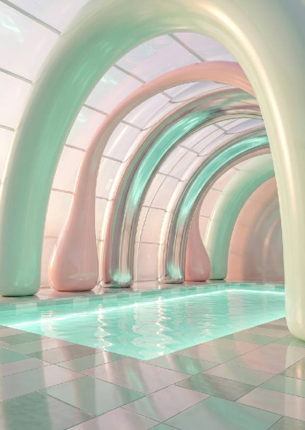 Surrealistisk retrofuturistisk inomhuspool, mjuka rosa uppblåsbara bågar, glödande akvamarin vatten, reflekterande kakel.