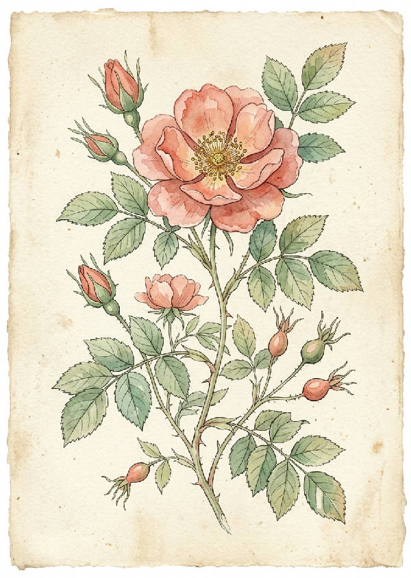 Detaljerad akvarellmålning i porträttformat av en vintage vildros med mjuka rosa kronblad och gröna blad mot en ljus bakgrund.