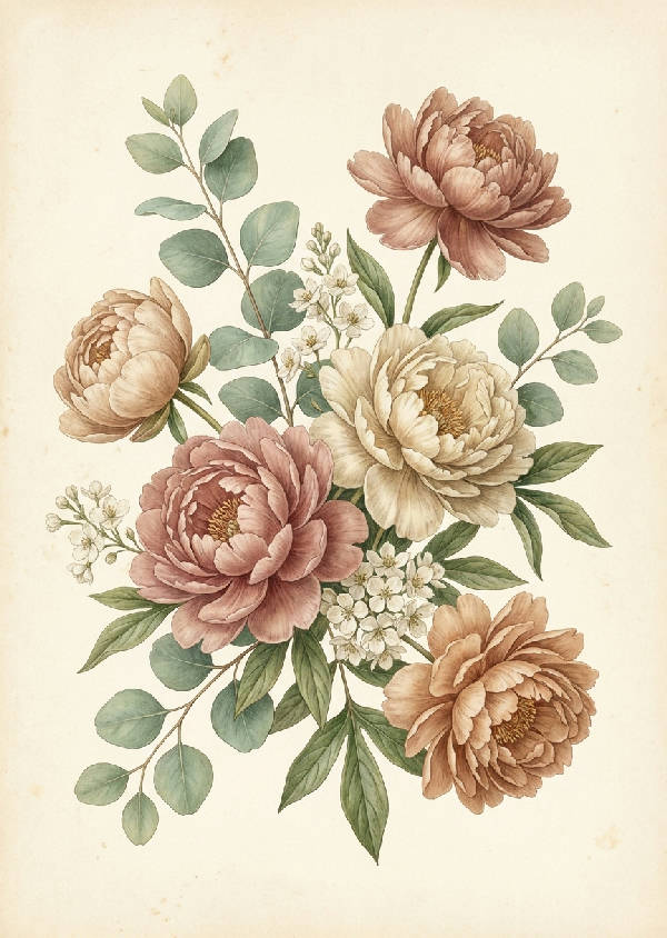 Närbild av hyperrealistiska pioner, eukalyptus och små vita sommarblommor i dämpade jordtoner och salviagrönt på en varm krämig bakgrund med pappersstruktur.
