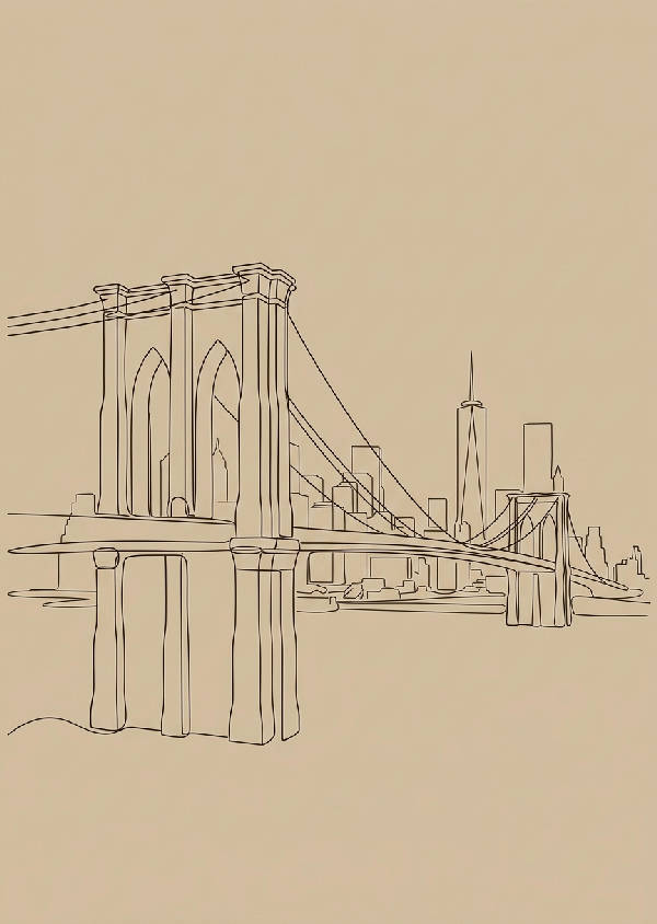 Minimalistisk svart linjekonst av Brooklyn Bridge i porträttformat mot en vit bakgrund, som framhäver brofästena och kablarna.
