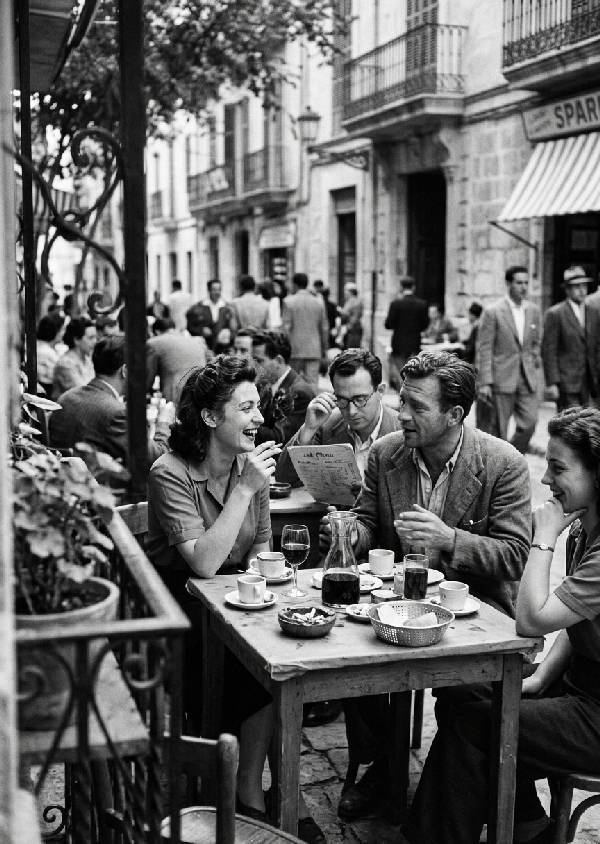Svartvitt fotografi av människor på ett utomhuskafé i Palma de Mallorca på 1940-talet. En person håller en cigarett, drycker står på bordet.