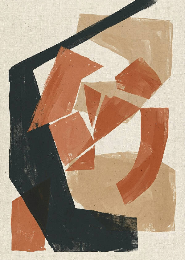 Abstrakt geometriskt konsttryck med minimalistiska former och överlappande element i varma bruna och dova jordfärger.