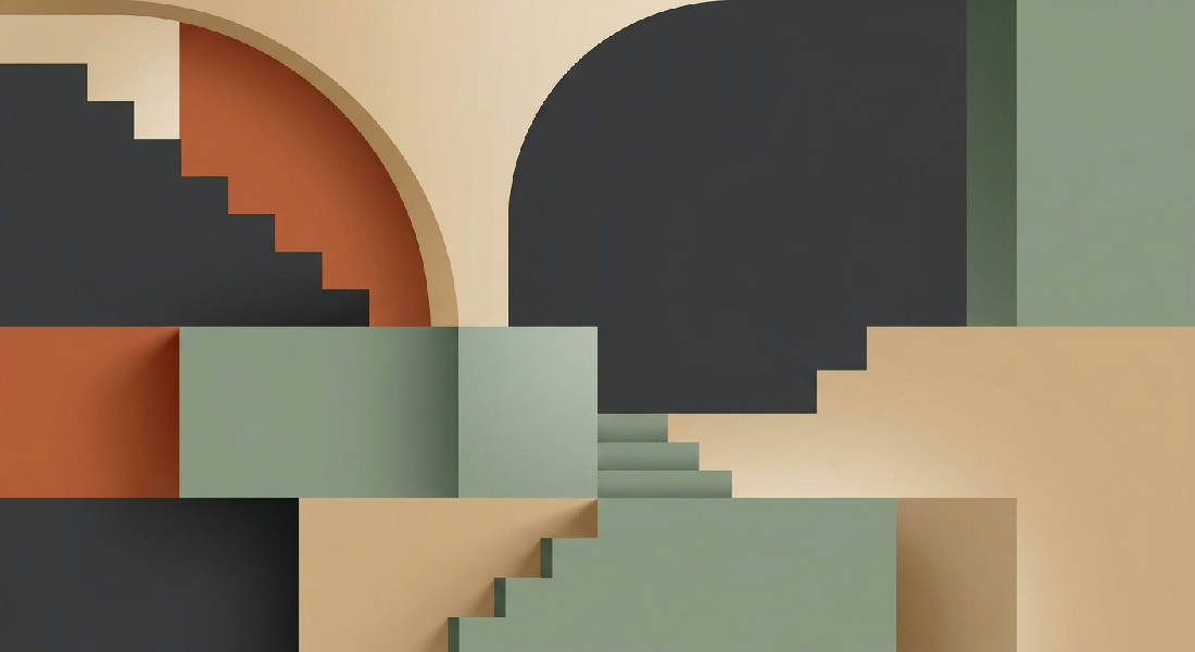 Abstrakt arkitektonisk affisch med minimalistiska geometriska plan, trappor och bågar i kolgrått, salviagrönt och varmbeige.