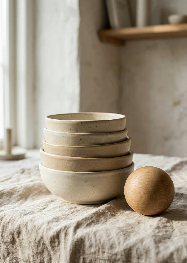 En varm stillbild med minimalistiska keramikskålar i olika nyanser av grädde och ljusbeige, bredvid ett slätt, runt träobjekt på ett ljust, texturerat linnetyg