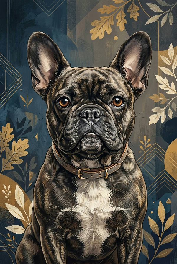 Närbild av ett elegant porträtt av en fransk bulldog med raffinerade detaljer och ett sofistikerat uttryck.