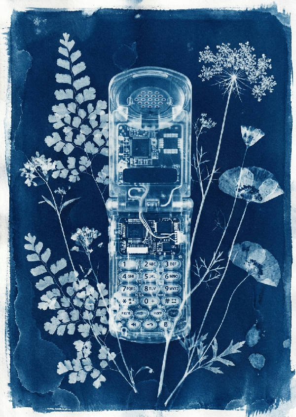 Cyanotyp stillben: 90-tals mobiltelefon med vildblommor och ormbunkar. Preussisk blå, indigo, vit, sol exponerad textur.