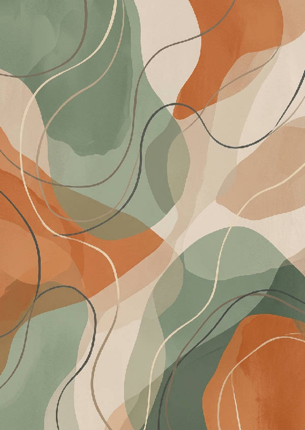 Abstrakt konstverk med överlappande organiska former i salviagrön, terrakottaorange och mjuk beige